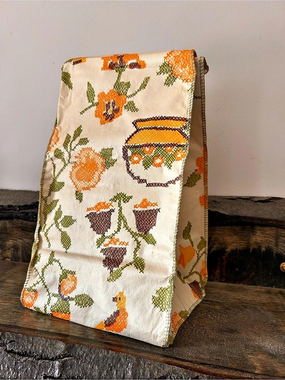 Vintage reusable fabric lunch bag designed to mimic the classic brown paper sack